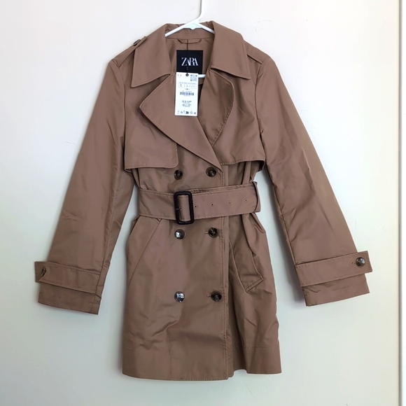 ZARA WOMEN BELTED SHORT TRENCH COAT ZW COLLECTION XS S M L taupe brown NWT - Picture 7 of 12